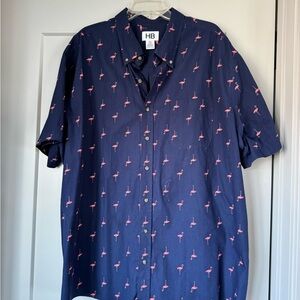 Men’s Navy Short-Sleeve Flamingo Print Button-Down Shirt
